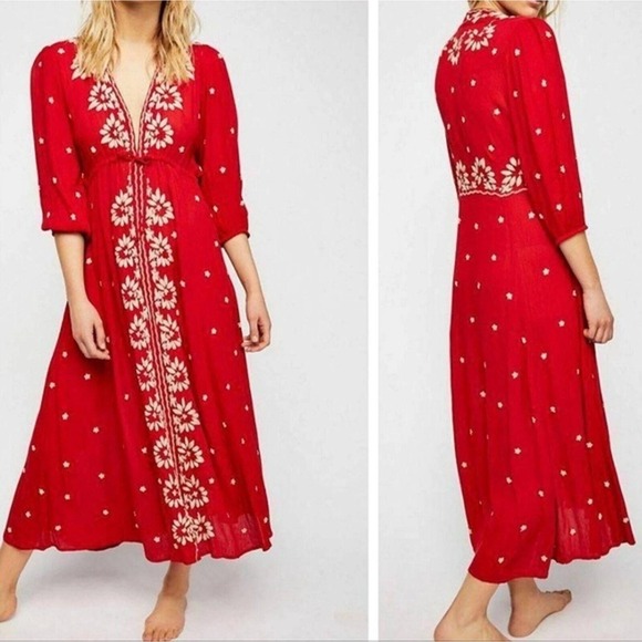 Free People Embroidered Fable Midi Rock N' Roll Red Dress Women's Size Large - Picture 1 of 12